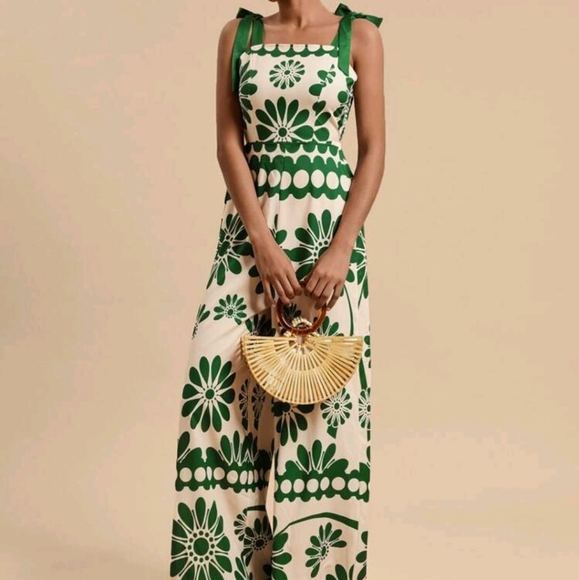 Women's Floral Print Tied Shoulder Wide Leg Jumpsuit, Vacation Wear - Picture 5 of 6